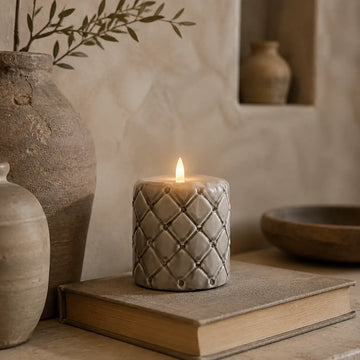 Pillar Candle Beige Plaid Pattern Paraffin (ØxH 9.5x10) - Pillar | Rivièra Maison