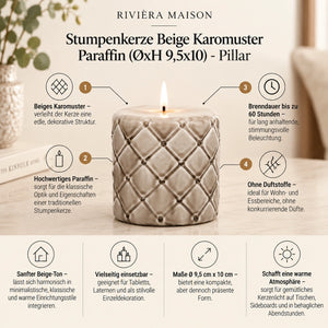 Pillar Candle Beige Plaid Pattern Paraffin (ØxH 9.5x10) - Pillar | Rivièra Maison