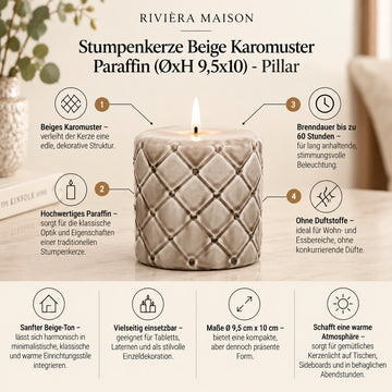 Pillar Candle Beige Plaid Pattern Paraffin (ØxH 9.5x10) - Pillar | Rivièra Maison