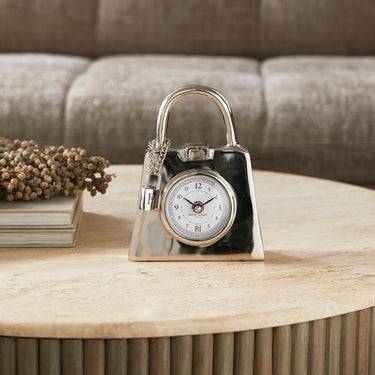 Tischuhr Aluminium Silber in Taschenform 19 cm 1 – Lovely Bag | Rivièra Maison - Esszett Luxury | Stilvolles Wohnen mit Charakter