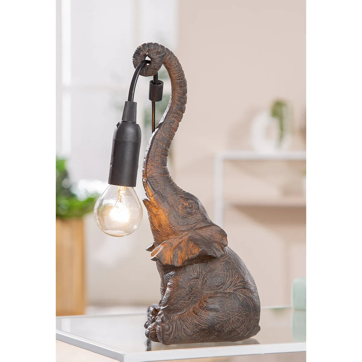 Tischleuchte – Tierfigur, Strukturierte Oberfläche, Braune Optik - Elefante | Gilde