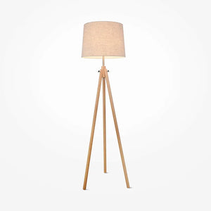 Floor lamp made of metal & wood frame with fabric shade in tripod design – Calvin | Maytoni