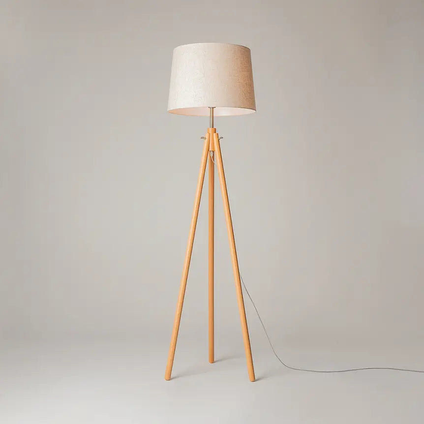 Floor lamp made of metal & wood frame with fabric shade in tripod design – Calvin | Maytoni