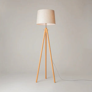 Floor lamp made of metal & wood frame with fabric shade in tripod design – Calvin | Maytoni