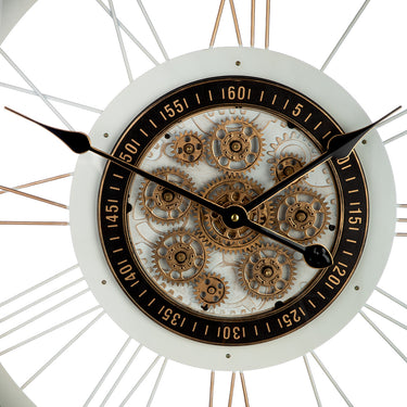 Wanduhr – Drehende Zahnräder, Glas Metall Kombination, Weiß Schwarzes Finish - Kello | Gilde