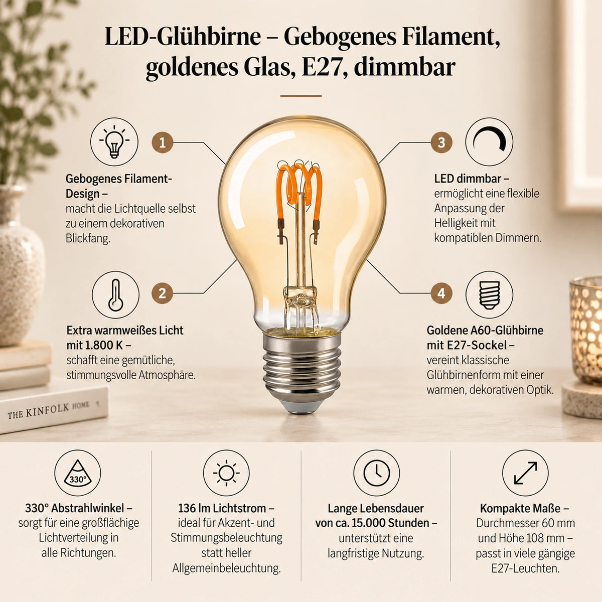 LED Lamp Gold, Curved Filaments, Dimmable – 2.5W Curved E27 | Sigor