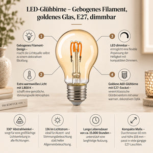 LED Lamp Gold, Curved Filaments, Dimmable – 2.5W Curved E27 | Sigor