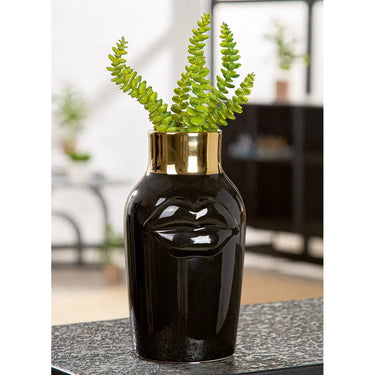 Vase – Schwarze Keramik, Glasierte Oberfläche, Goldenes Mundmotiv - Mouth | Gilde