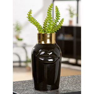 Vase – Schwarze Keramik, Glasierte Oberfläche, Goldenes Mundmotiv - Mouth | Gilde