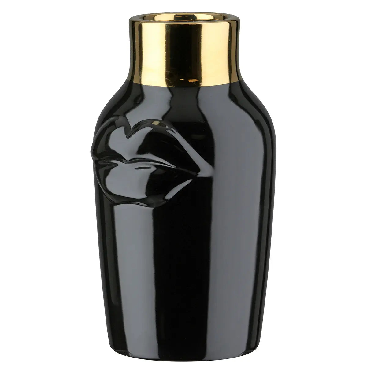 Vase – Schwarze Keramik, Glasierte Oberfläche, Goldenes Mundmotiv - Mouth | Gilde