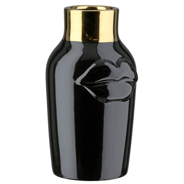 Vase – Schwarze Keramik, Glasierte Oberfläche, Goldenes Mundmotiv - Mouth | Gilde