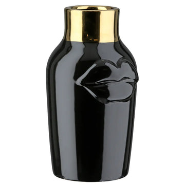 Vase – Schwarze Keramik, Glasierte Oberfläche, Goldenes Mundmotiv - Mouth | Gilde