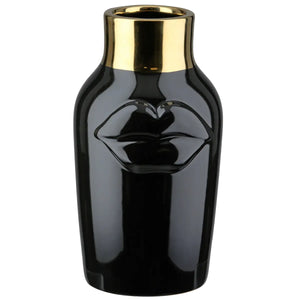 Vase – Schwarze Keramik, Glasierte Oberfläche, Goldenes Mundmotiv - Mouth | Gilde