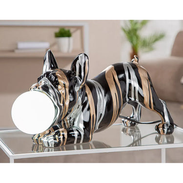 Tischleuchte – Bulldoggenform, Schwarze Metalloptik, Silberne Linien, Höhe 22 cm - Drip | Gilde