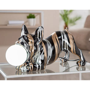Tischleuchte – Bulldoggenform, Schwarze Metalloptik, Silberne Linien, Höhe 22 cm - Drip | Gilde