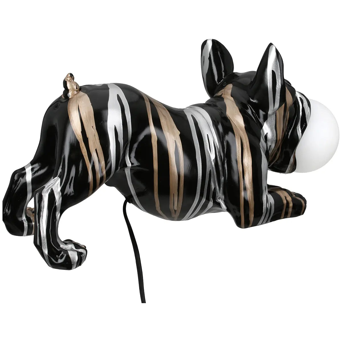 Tischleuchte – Bulldoggenform, Schwarze Metalloptik, Silberne Linien, Höhe 22 cm - Drip | Gilde