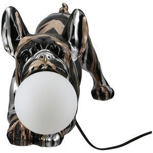 Tischleuchte – Bulldoggenform, Schwarze Metalloptik, Silberne Linien, Höhe 22 cm - Drip | Gilde