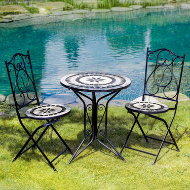 Bistroset – Florales Mosaik, Mattes Metall, Stilvolle Sitzgruppe - Mosaik Blume | Gilde