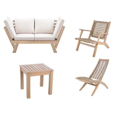 Sitzbank – Holz Naturton, Faltbare Lehnen, Beige Kissen - Bali | Gilde