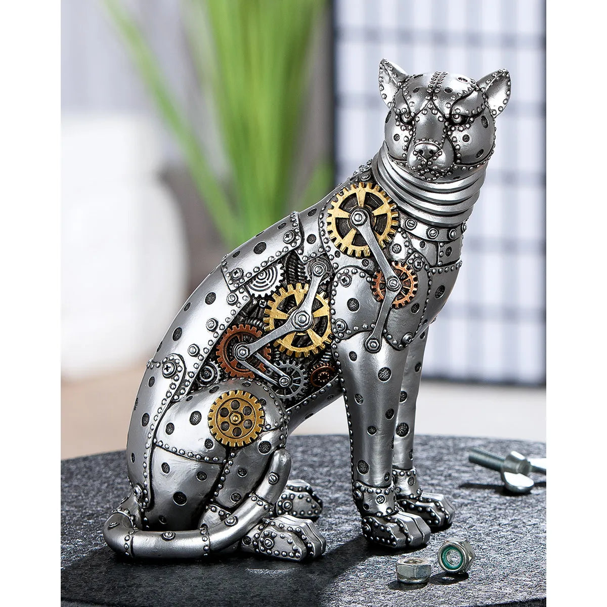 Figur – Kunstharz Material, Leopard Design, Silberfarbene Akzente - Steampunk Leopard | Gilde