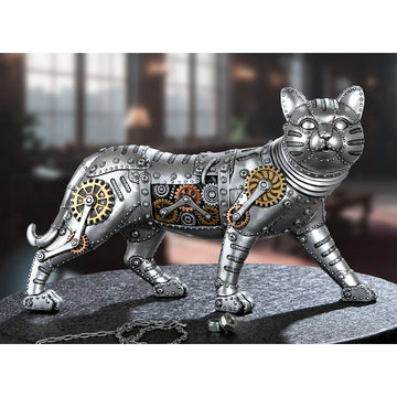 Figur – Kunstharz Material, Katzen Design, Silberfarbene Akzente - Steampunk Katze | Gilde