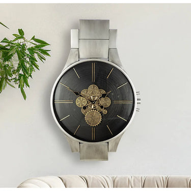 Wanduhr – Silberne Metalloptik, Zahnradmotiv, Schwarze Akzente, 99,5 cm - Timing | Gilde