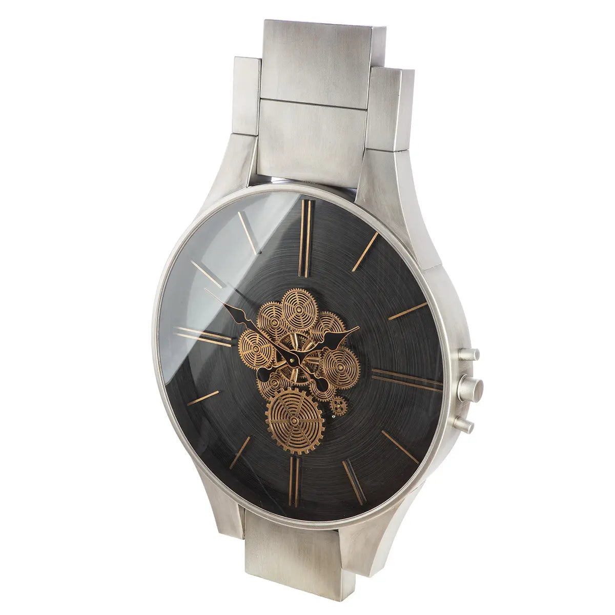 Wanduhr – Silberne Metalloptik, Zahnradmotiv, Schwarze Akzente, 99,5 cm - Timing | Gilde