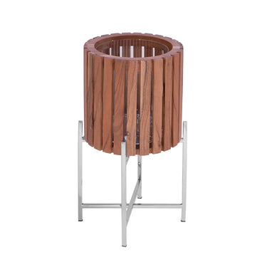 Übertopf – Braunes Holz, Silberfarbener Edelstahl, Hohe Form, 43 cm - Berkley | Gilde