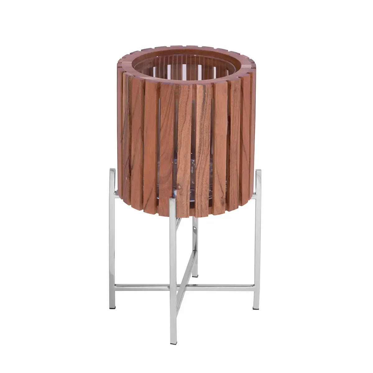 Übertopf – Braunes Holz, Silberfarbener Edelstahl, Hohe Form, 43 cm - Berkley | Gilde