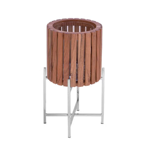 Übertopf – Braunes Holz, Silberfarbener Edelstahl, Hohe Form, 43 cm - Berkley | Gilde