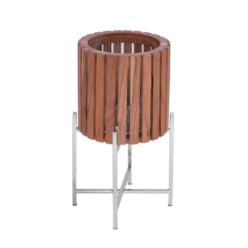 Übertopf – Braunes Holz, Silberfarbener Edelstahl, Hohe Form, 43 cm - Berkley | Gilde