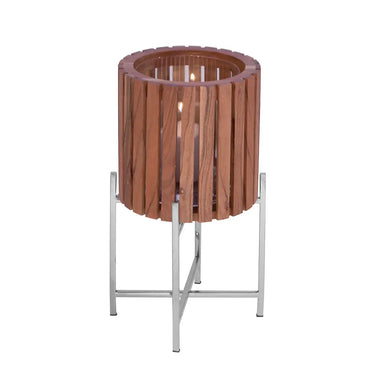 Übertopf – Braunes Holz, Silberfarbener Edelstahl, Hohe Form, 43 cm - Berkley | Gilde