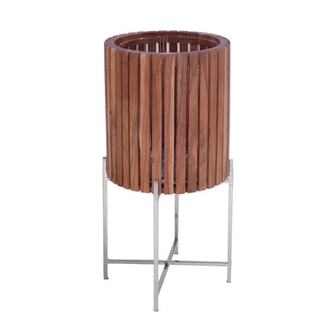Übertopf – Braunes Holz, Silberfarbener Edelstahl, Hohe Form, 60 cm - Berkley | Gilde