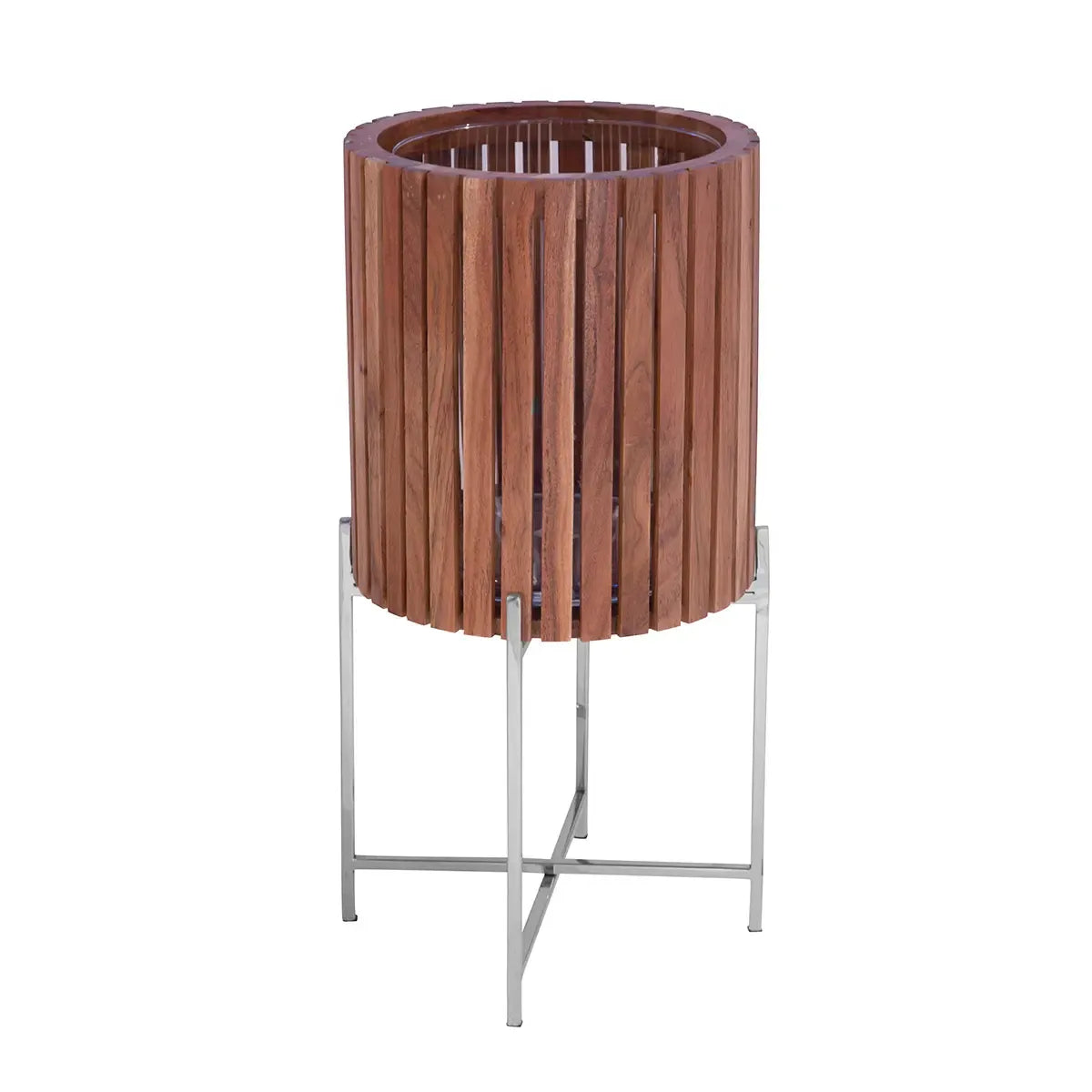 Übertopf – Braunes Holz, Silberfarbener Edelstahl, Hohe Form, 60 cm - Berkley | Gilde