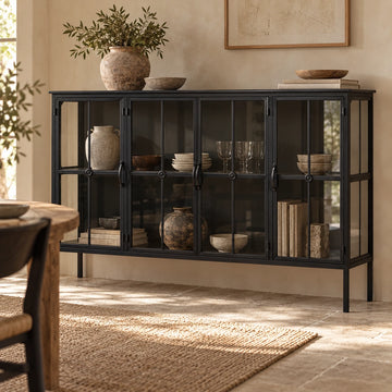 Vitrinenschrank – Schwarzes Eisen, Glas Türen, Industrieller Stil - Cave | PTMD