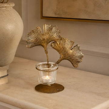 Teelichthalter – Ginkgo-Blätter, Metall und Glas, Antikgold - Astrid | PTMD