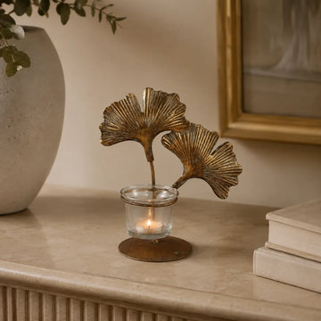Teelichthalter – Ginkgo-Blätter, Metall und Glas, Antikgold - Astrid | PTMD