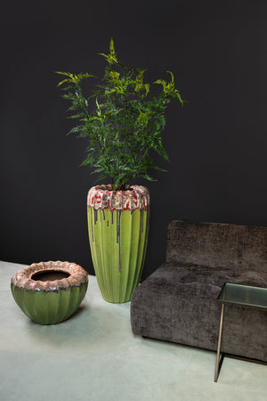 Ceramic pot, rough finish, organically ribbed round, L – Linex | PTMD