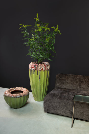 Ceramic pot, rough finish, organically ribbed round, L – Linex | PTMD