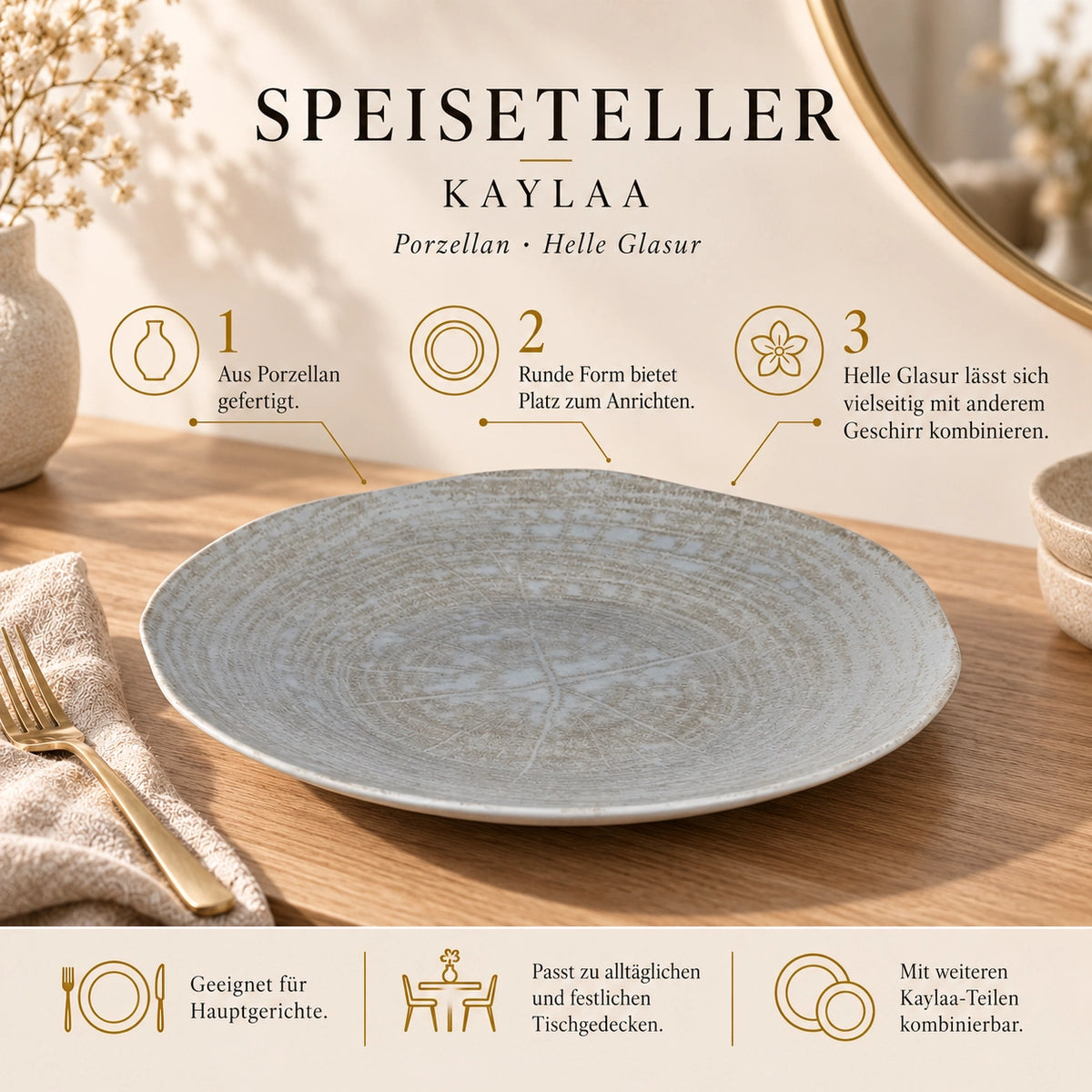 Plate made of porcelain, round design, dishwasher-safe L – Kaylaa | PTMD