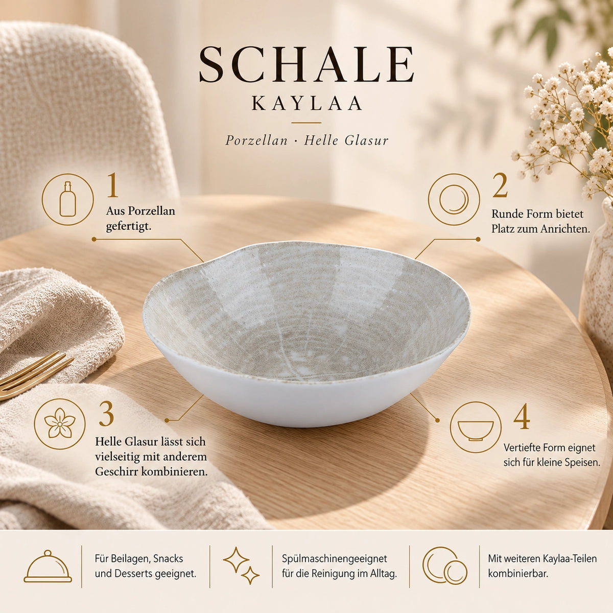Schale – Creme Farbe, Porzellan Keramik, Rundes Design, 16 cm - Kaylaa | PTMD