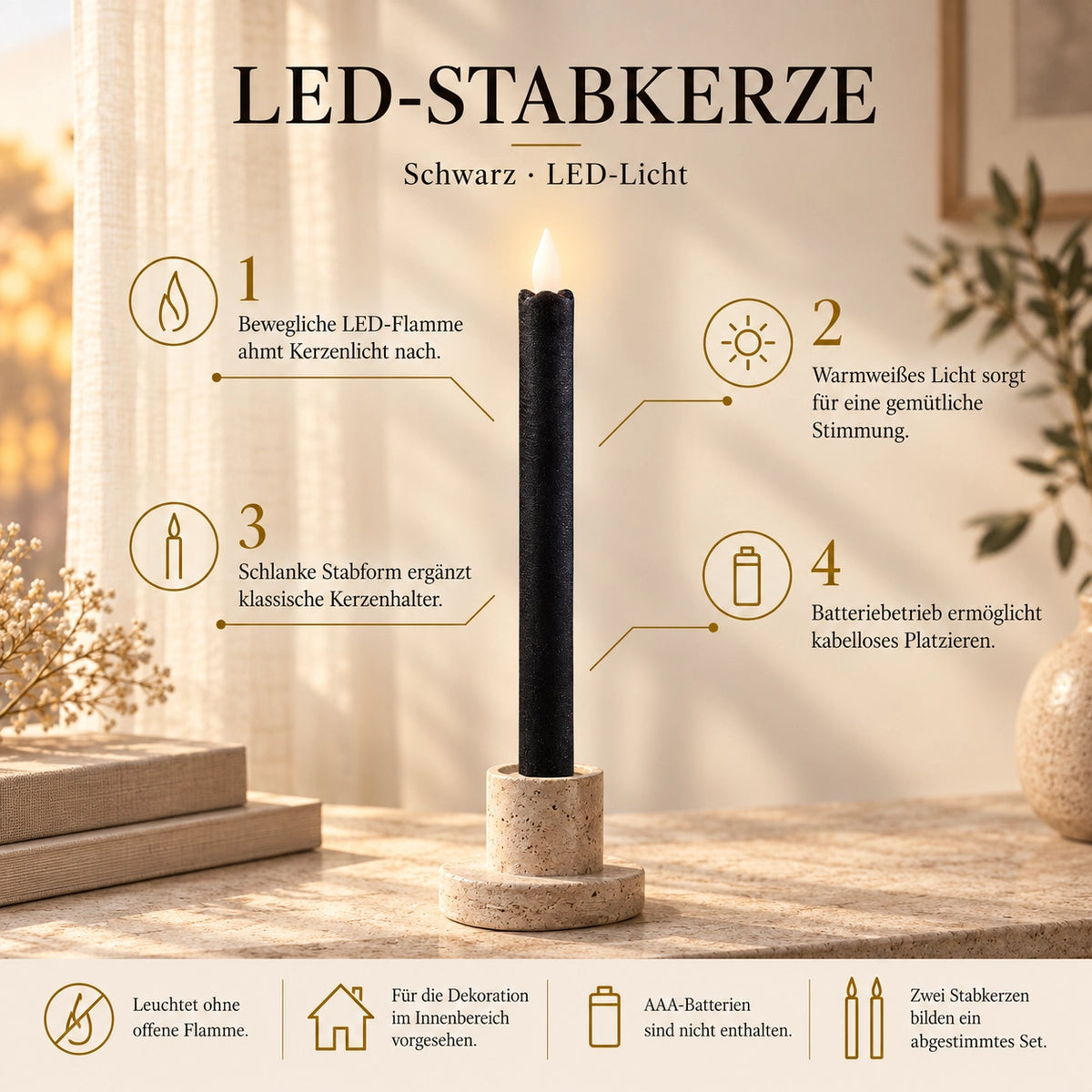 LED taper candle with moving flame and timer function battery operated - Led | PTMD