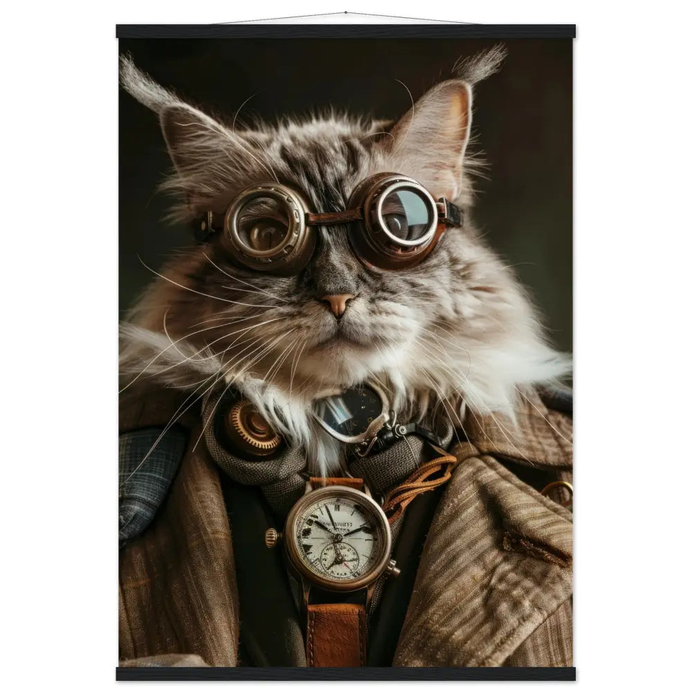 School Poster - Male Oriental Longhair Cat, Steampunk Style, antique clock with leather strap, bronze-colored glasses | St Tropez Art