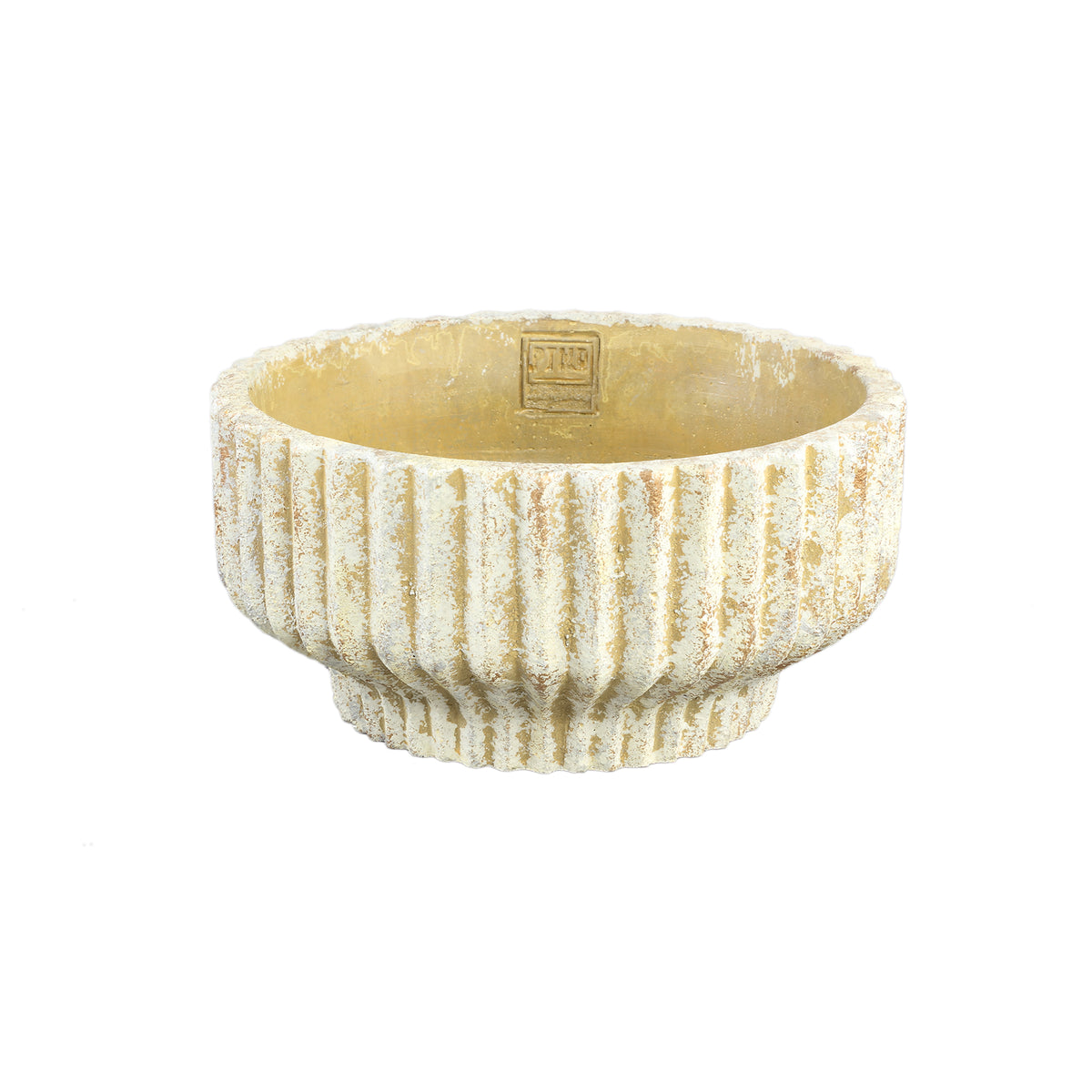 Pot – Cream-coloured cement, Round shape, Lined texture, Low, M – Gabriel | PTMD