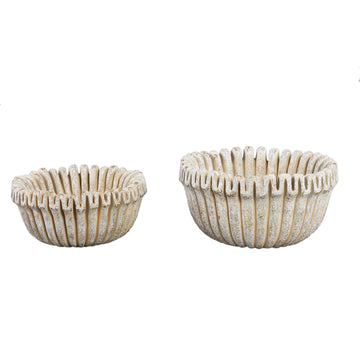 Blumentopf – Creme Farbe, Gerippte Linienstruktur, Zement Material, Niedrige Form, L – Raffay | PTMD