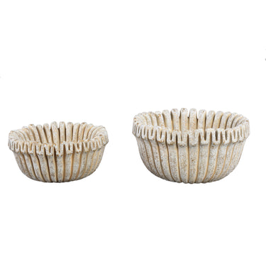 Blumentopf – Creme Farbe, Gerippte Linienstruktur, Zement Material, Niedrige Form, S – Raffay | PTMD