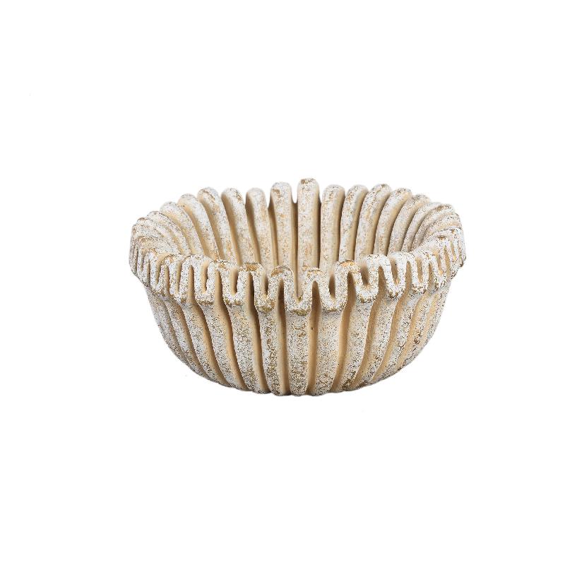 Flower Pot – Cream Color, Ribbed Line Structure, Cement Material, Low Shape, S – Raffay | PTMD