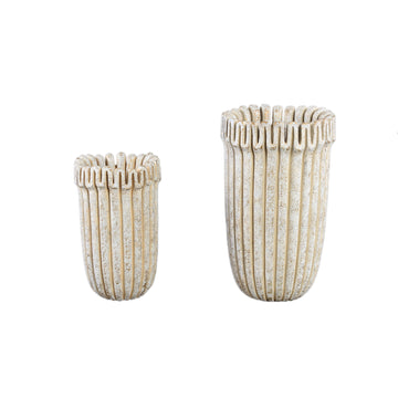 Blumentopf – Creme Farbe, Gerippte Linienstruktur, Zement Material, Hohe Form, L – Raffay | PTMD