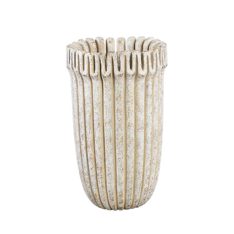 Flower Pot – Cream Color, Ribbed Line Structure, Cement Material, Tall Form, L – Raffay | PTMD