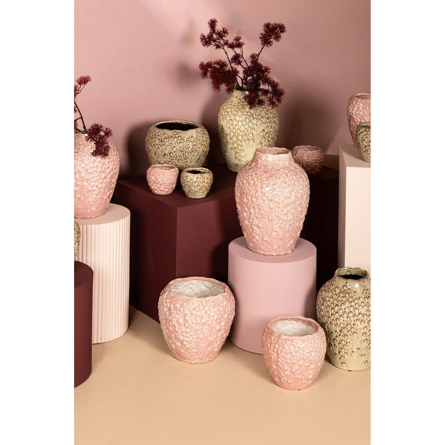 Topf – Runde Form, Porzellan-Keramik, Schuppenmuster Design, Rosa, Hoch, L – Avis | PTMD